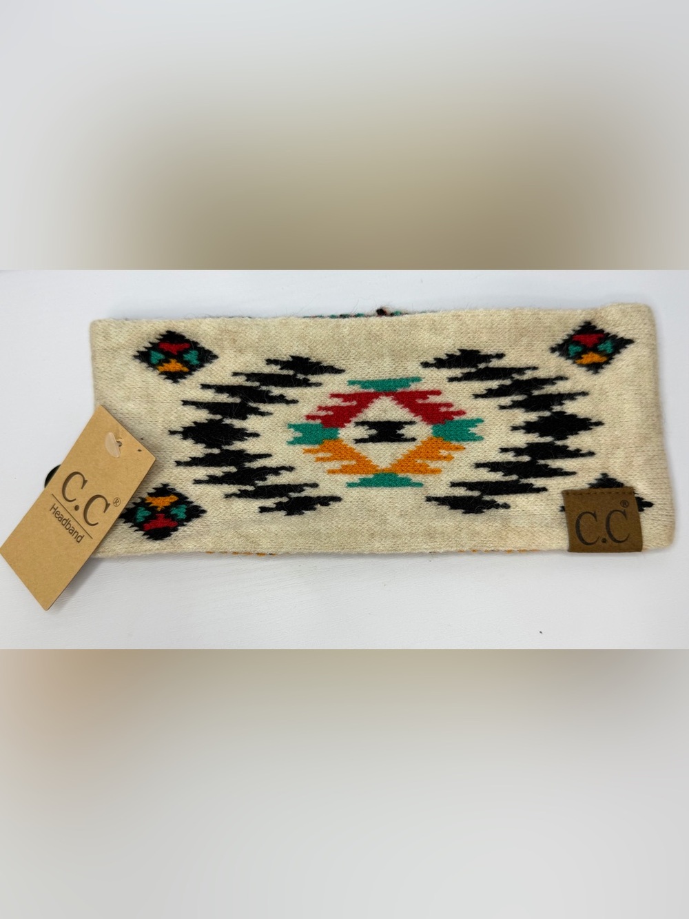 C.C Soft Stretch Winter Headband Ear Warmer Aztec Beige Southwestern Knit NWT